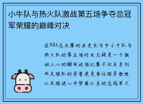 小牛队与热火队激战第五场争夺总冠军荣耀的巅峰对决